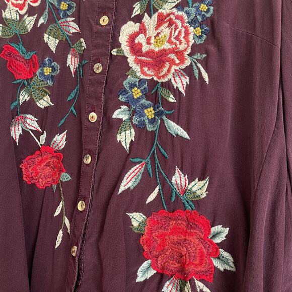JOHNNY WAS Purple Floral Embroidered Long Sleeve Silk Top - Picture 8 of 12